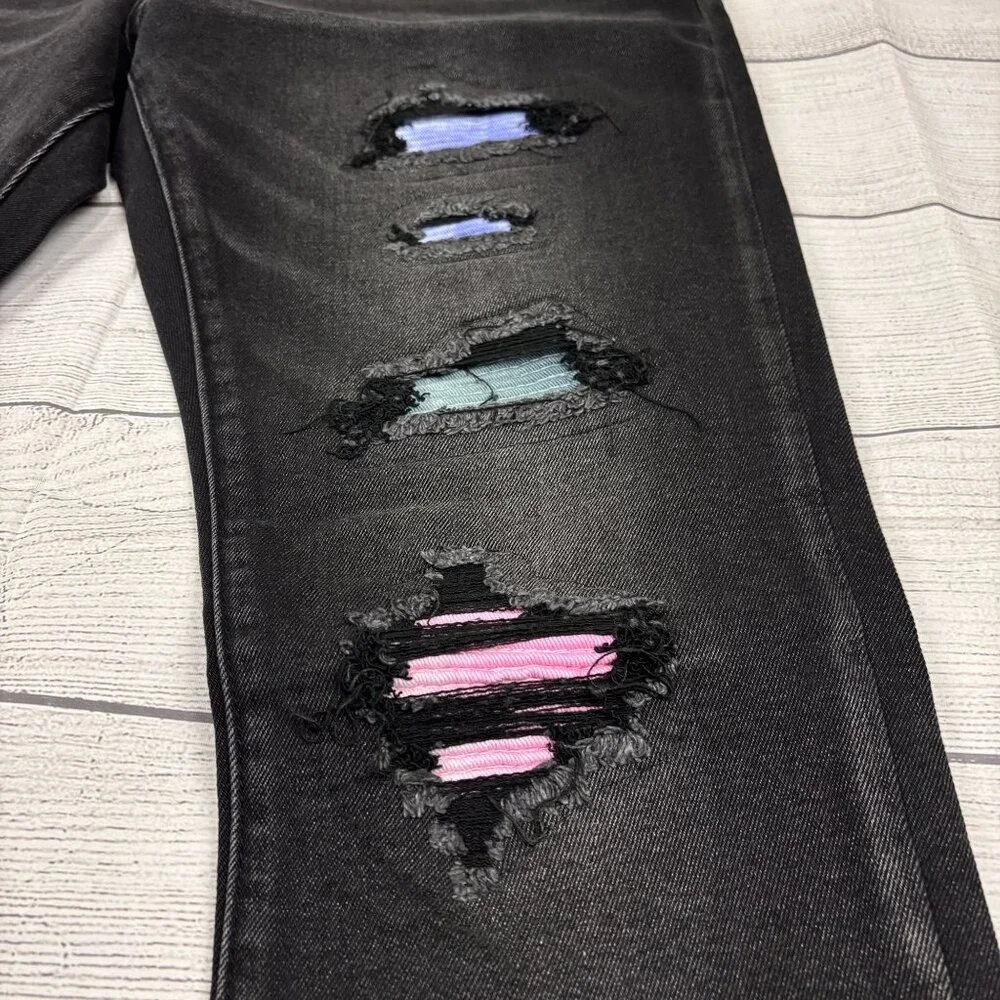 Embellish Mens Black Distressed Skinny Jeans With Colorful Patches Size 34 - Picture 4 of 16